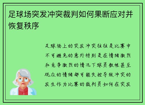 足球场突发冲突裁判如何果断应对并恢复秩序 足球场突发冲突裁判如何果断应对并恢复秩序