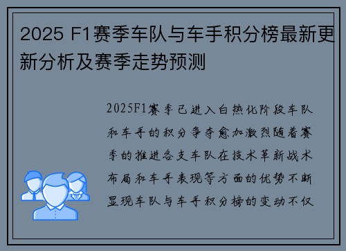 2025 F1赛季车队与车手积分榜最新更新分析及赛季走势预测 2025 F1赛季车队与车手积分榜最新更新分析及赛季走势预测