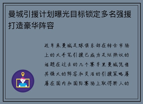 曼城引援计划曝光目标锁定多名强援打造豪华阵容 曼城引援计划曝光目标锁定多名强援打造豪华阵容