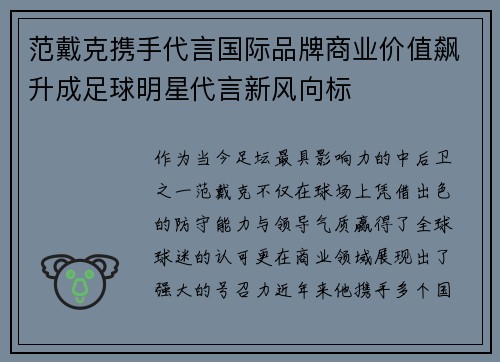 范戴克携手代言国际品牌商业价值飙升成足球明星代言新风向标